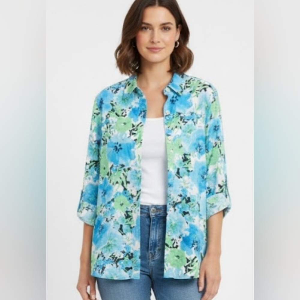 Jones New York Linen Button Up Blouse Blue Green Tropical Floral Beach 1X